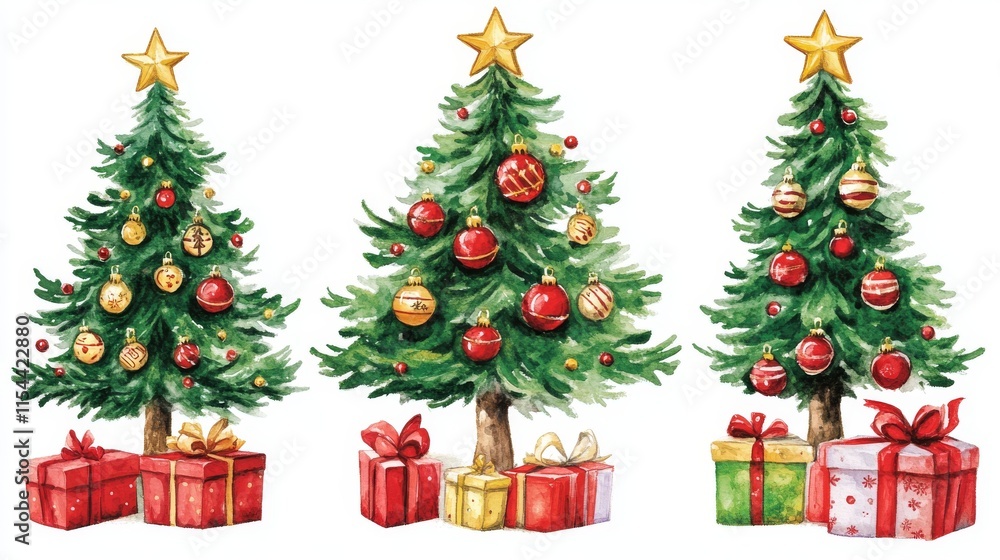 A scenic arrangement of Christmas trees with gift boxes, set against a white background, encapsulating the theme of the new year. A scenic arrangement of Christmas trees with gift boxes, set against a white background, encapsulating the theme of the new year.