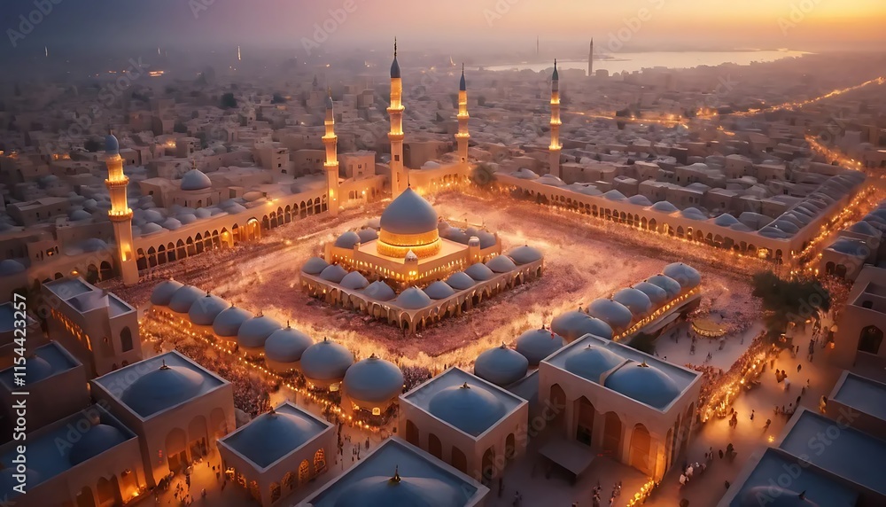 Fototapeta premium Grand Mosque Illuminated Night Aerial View Golden Domes Cityscape