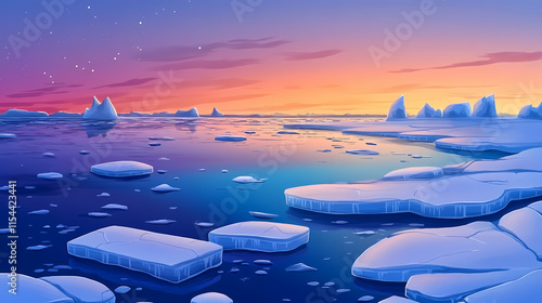 Icy arctic tundra landscape at dusk. Tundral. Illustration photo