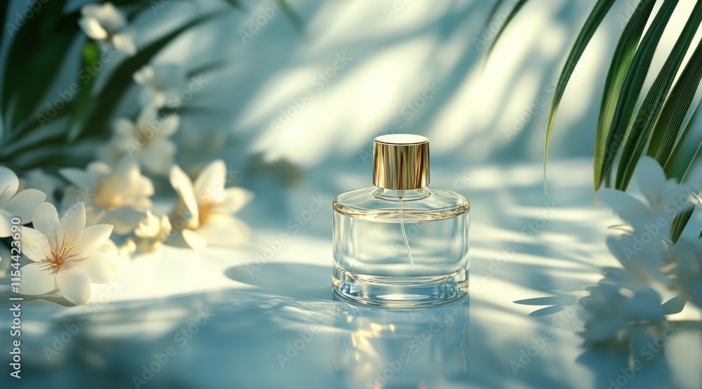 Perfume bottle with tropical flowers and sunlight. Perfume bottle with tropical flowers and sunlight.