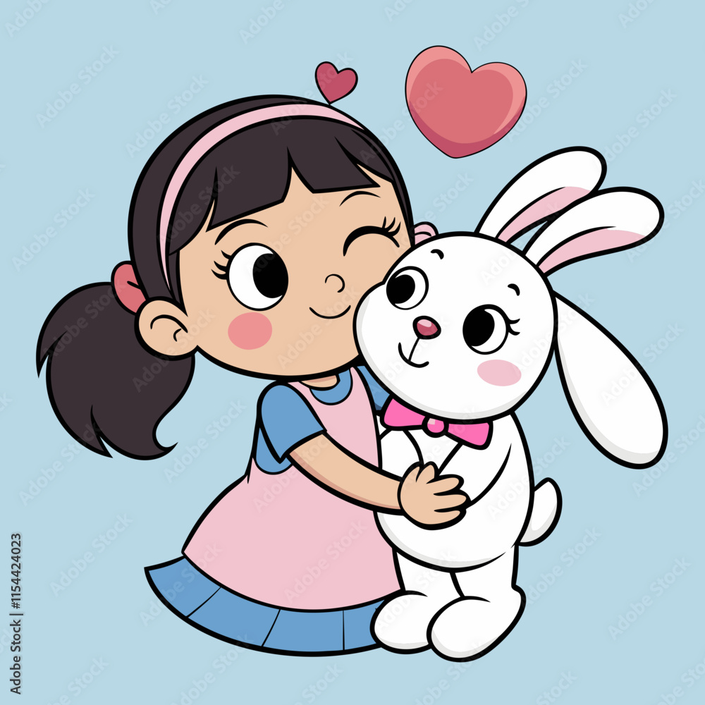 Cute girl kissing bunny, cartoon illustration for children’s book. Cute girl kissing bunny, cartoon illustration for children’s book.