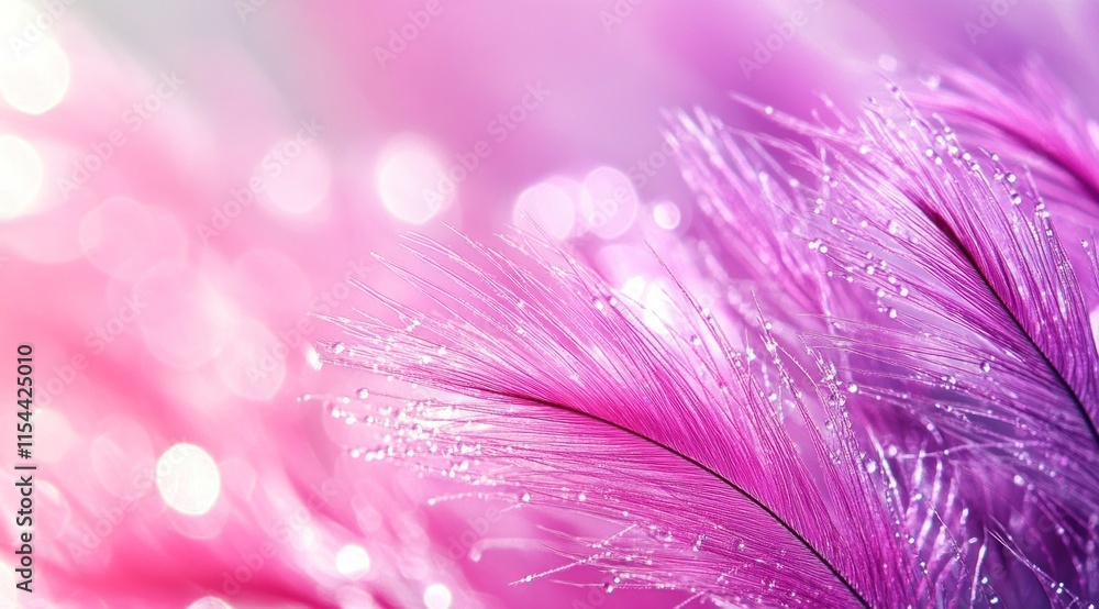 Obraz premium Pink feathers with dew drops, bokeh background.