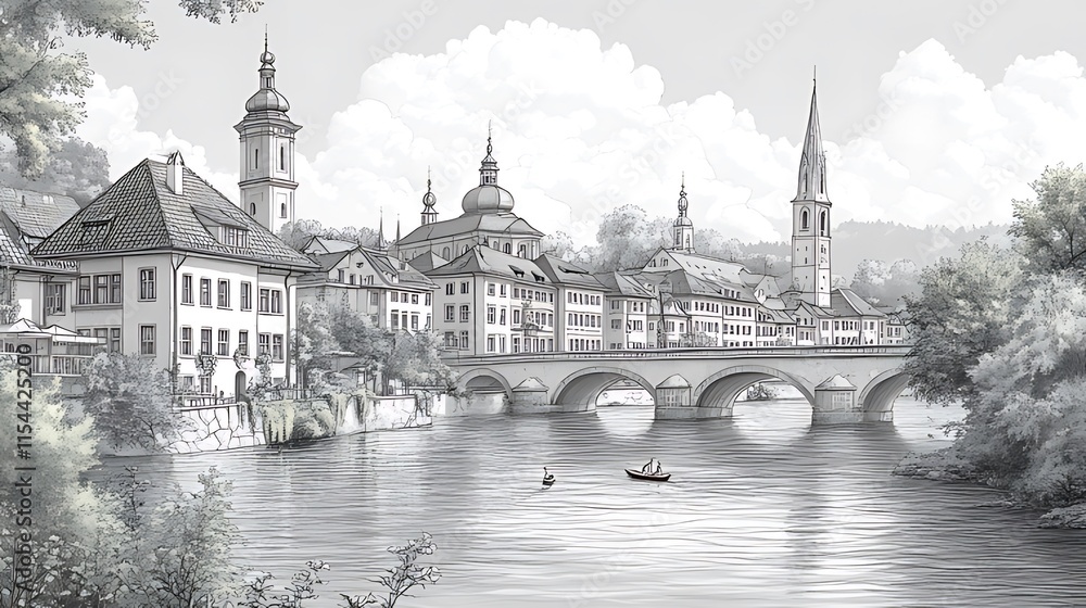 Fototapeta premium Monochrome illustration of a picturesque European town with a stone bridge spanning a river, boats, and buildings.