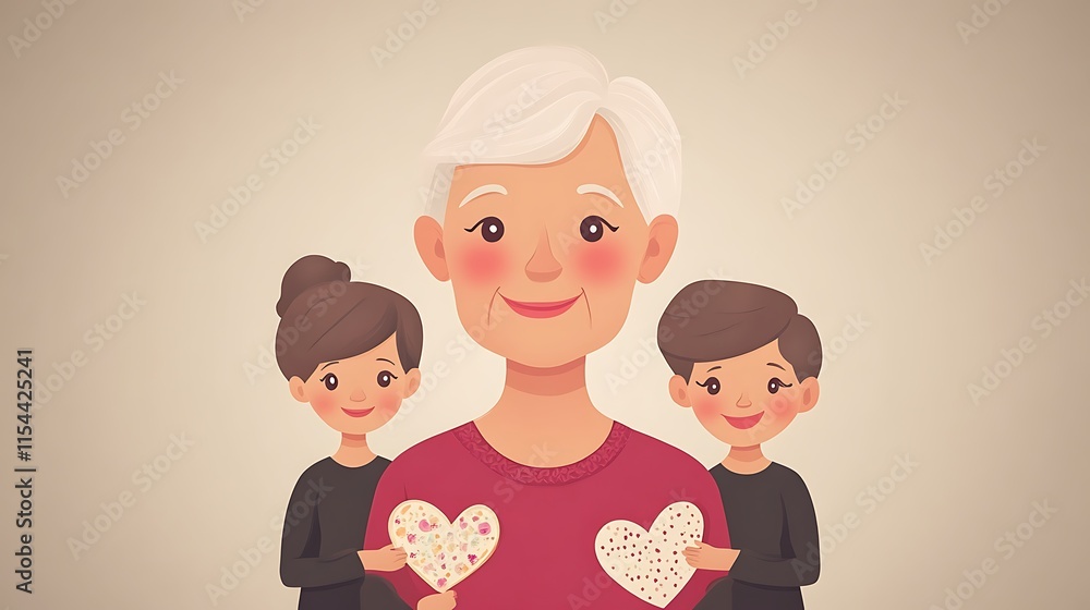 Happy grandmother with grandchildren holding hearts. Happy grandmother with grandchildren holding hearts.