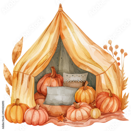 A watercolor vector of a cozy blanket fort with autumn decor, isolated on a white background. Blanket fort vector.
