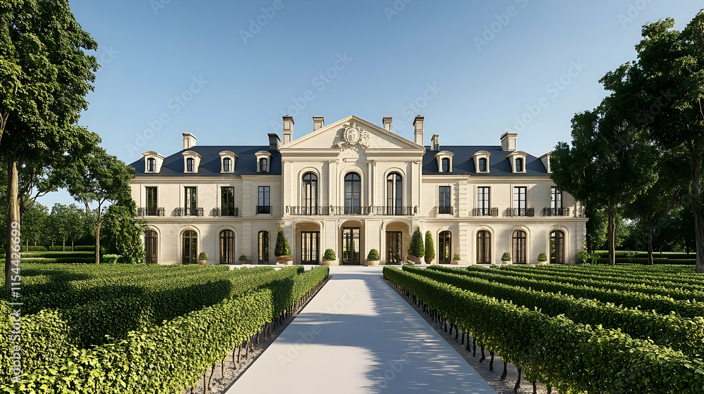 Obraz premium Elegant French chateau in Bordeaux France with symmetrical design and sprawling vineyards