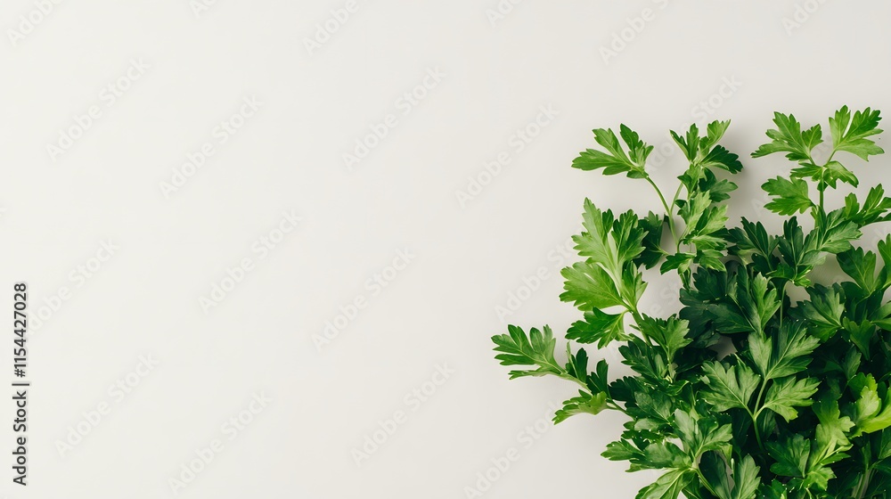 Fresh parsley sprigs arranged on a white background. Plenty of copy space. Ideal for recipe blogs, cooking websites, or healthy eating themes. Fresh parsley sprigs arranged on a white background. Plenty of copy space. Ideal for recipe blogs, cooking websites, or healthy eating themes.