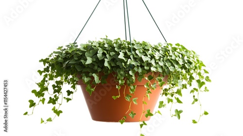 A lush green ivy plant spills over the edges of its terracotta hanging planter, creating a vibrant and refreshing scene against a stark white backdrop.