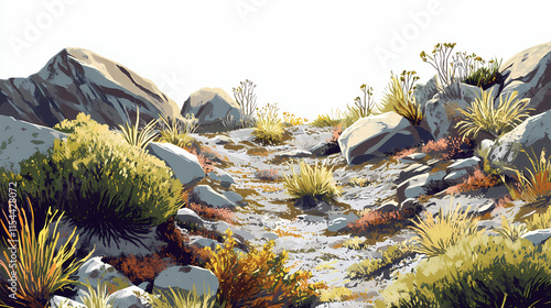 Alpine tundra biome, ecosystem in the mountains with grasses and shrubs. Tundral. Illustration photo