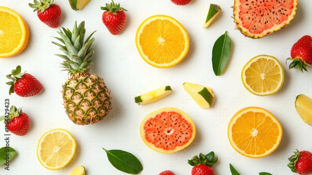 Vibrant tropical fruit pattern featuring pineapple, strawberries, and citrus scattered on a bright surface. Generative AI Vibrant tropical fruit pattern featuring pineapple, strawberries, and citrus scattered on a bright surface. Generative AI