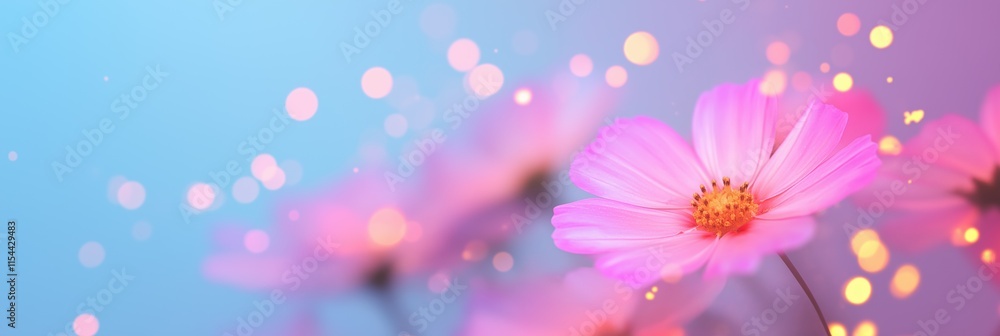 A close up of a pink flower with a blue background. The flower is surrounded by a blurry background, giving it a dreamy, ethereal feel A close up of a pink flower with a blue background. The flower is surrounded by a blurry background, giving it a dreamy, ethereal feel