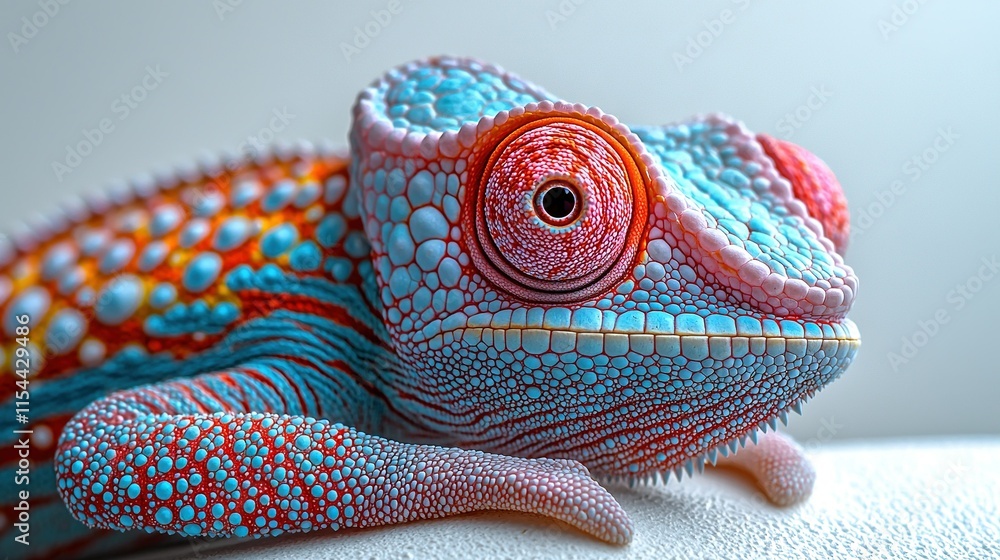 A close-up of a colorful chameleon's head on a white surface against a gray background A close-up of a colorful chameleon's head on a white surface against a gray background