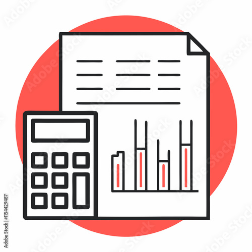 Calculator and financial report illustration on red circular background for budgeting and analysis concept