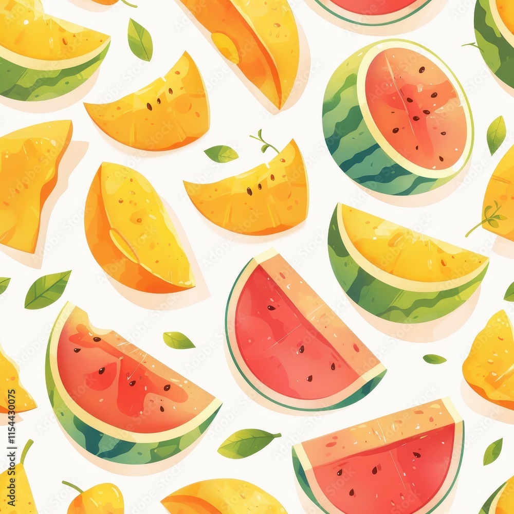 Colorful pattern of sliced fruits, including watermelon and citrus. Colorful pattern of sliced fruits, including watermelon and citrus.