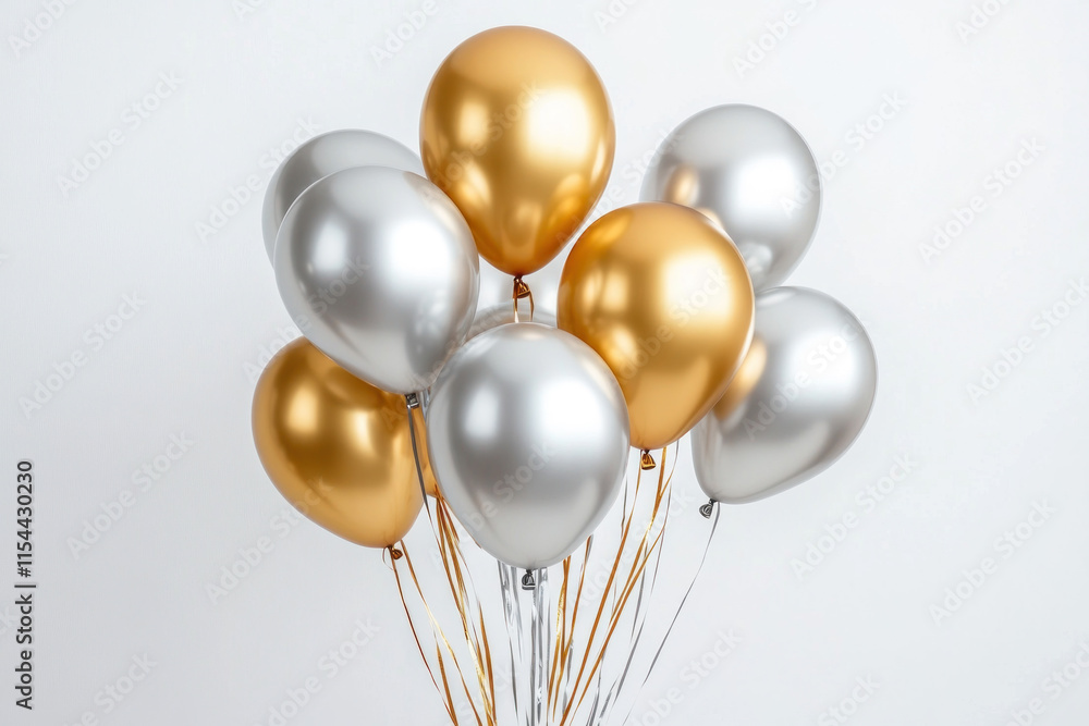 Bright gold and silver balloons floating against a clear blue sky. Bright gold and silver balloons floating against a clear blue sky.