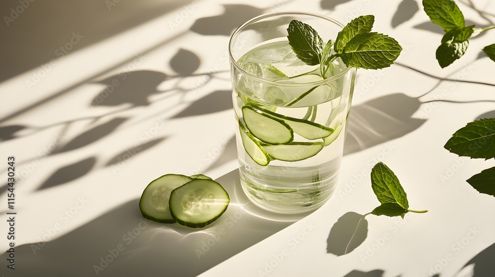 Refreshing cucumber and mint infused water in a glass. Slices of cucumber and fresh mint leaves are visible. Sunlight casts shadows on a white surface. Refreshing cucumber and mint infused water in a glass. Slices of cucumber and fresh mint leaves are visible. Sunlight casts shadows on a white surface.