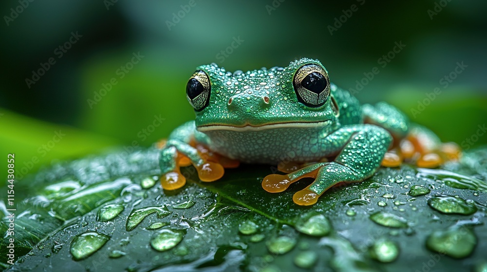 Obraz premium A frog on a leaf with drops of water and blurred background