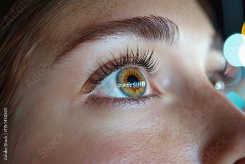 This close-up image of a young woman's eye beautifully captures reflections of vibrant lights, showcasing intricate details like eyelashes and colorful irises. photo