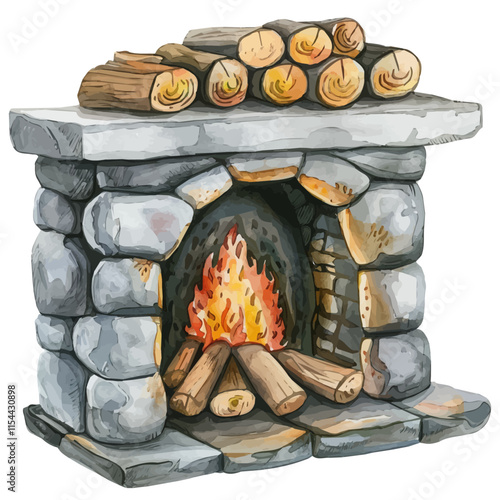 A watercolor vector of a cozy fireplace with a stack of firewood, isolated on a white background. Cozy fireplace vector.
