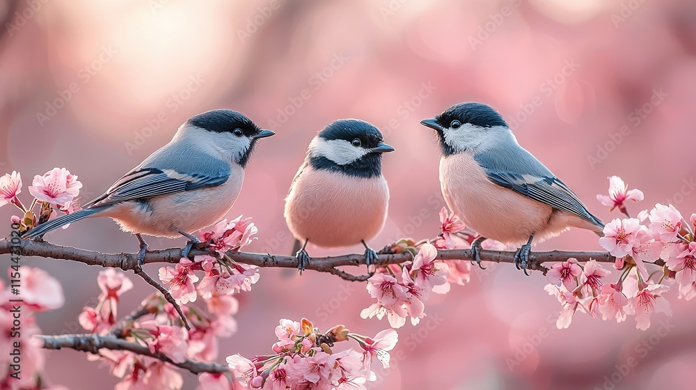 Obraz premium Two birds perched atop tree branch with pink flowers against fuzzy backdrop