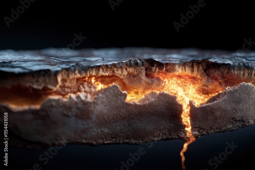 This close-up image captures a molten texture with fiery elements erupting forth, embodying the powerful and unpredictable nature of geological transformations beneath the surface. photo