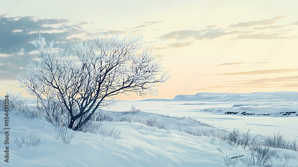 A symphony of cool and muted colors reflecting the quiet serenity of an arctic tundra as it is blanketed in fresh snow undisturbed by the outside world. Tundral. Illustration A symphony of cool and muted colors reflecting the quiet serenity of an arctic tundra as it is blanketed in fresh snow undisturbed by the outside world. Tundral. Illustration