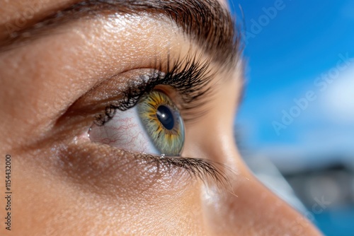 Detailed close-up of a human eye reveals rich colors and reflections, representing the profound connection between inner emotions and the vibrant beauty of the outer world. photo