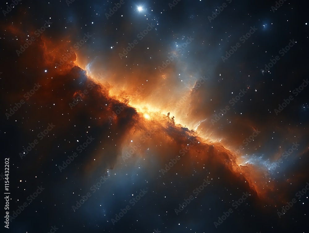 Fototapeta premium Fiery cosmic nebula with bright orange and blue hues.