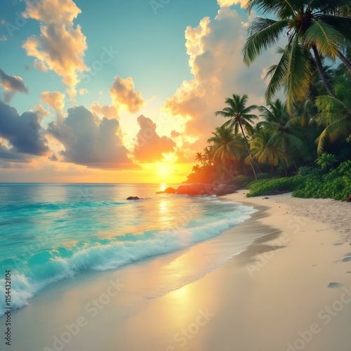 Tropical paradise, golden sunset, turquoise ocean waves