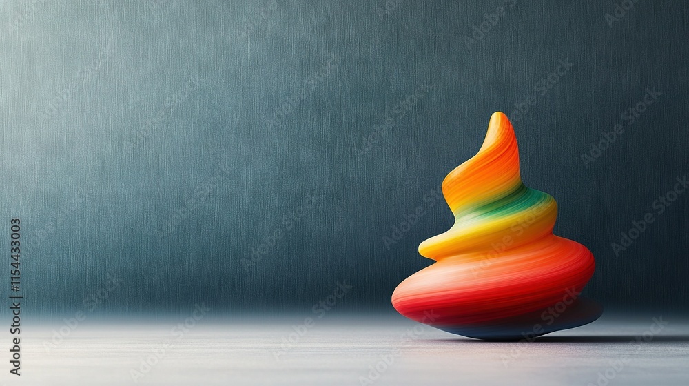A colorful object sits on a white table beside a gray wall and a gray background A colorful object sits on a white table beside a gray wall and a gray background
