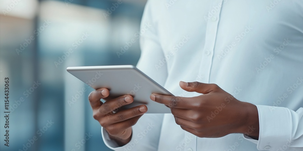 A man is holding a tablet in his hand. He is wearing a white shirt and he is focused on the screen A man is holding a tablet in his hand. He is wearing a white shirt and he is focused on the screen