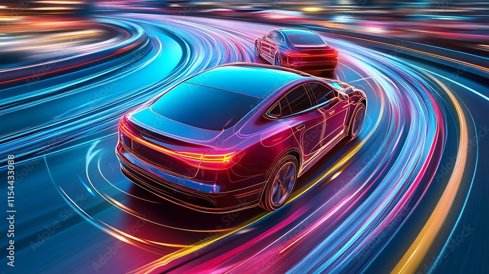 Futuristic High Tech Electric Cars Racing on Vivid Neon Light Track at Night : Generative AI Futuristic High Tech Electric Cars Racing on Vivid Neon Light Track at Night : Generative AI