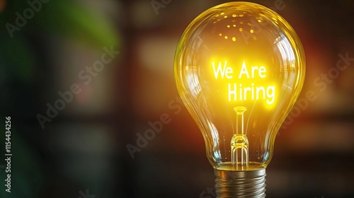 Human Resource Hiring Recruitment Job Assessment Management A glowing light bulb with 'We Are Hiring' text inside it. photo