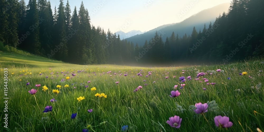 Obraz premium A field of flowers with a bright blue sky in the background. The field is full of different colored flowers, including yellow, purple, and pink. The scene is peaceful and serene