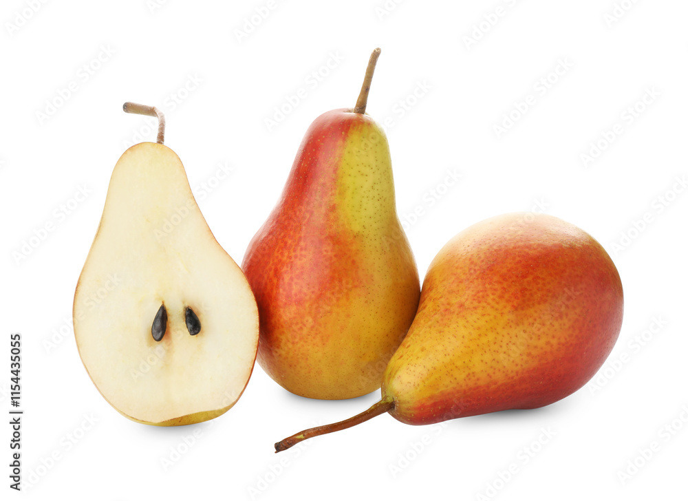 Whole and cut ripe pears isolated on white Whole and cut ripe pears isolated on white