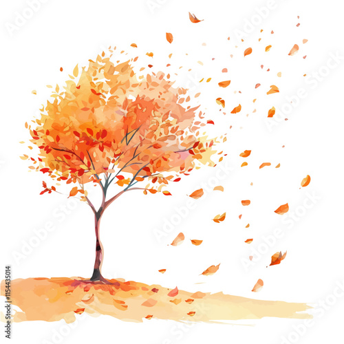 A watercolor vector of a crisp autumn day with a gentle breeze rustling the leaves, isolated on a white background. Autumn breeze vector.
