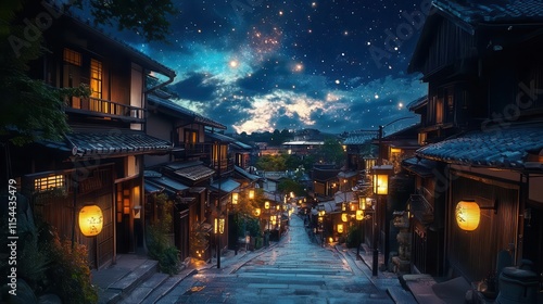 Wallpaper Mural A Kyoto street lit with warm yellow lanterns, showcasing traditional machiya houses against the backdrop of a starry night, timeless and romantic Torontodigital.ca