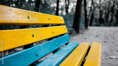 Brightly Painted Bench in Gray Park: A vividly painted park bench in a black and white park photo