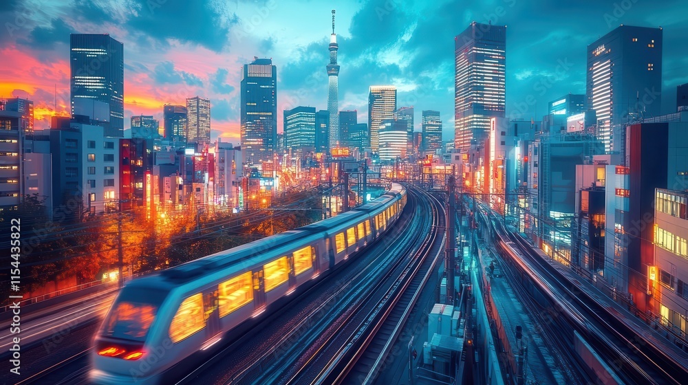 A modern Tokyo cityscape with glowing skyscrapers, bustling streets, and advanced transportation systems like bullet trains, cyberpunkinspired A modern Tokyo cityscape with glowing skyscrapers, bustling streets, and advanced transportation systems like bullet trains, cyberpunkinspired