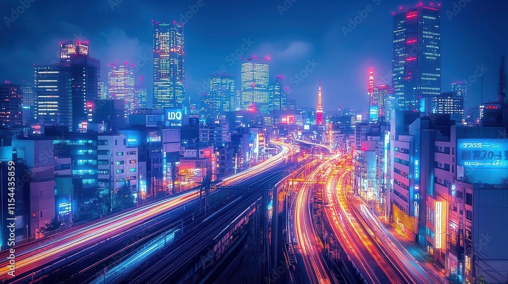 A modern Tokyo cityscape with glowing skyscrapers, bustling streets, and advanced transportation systems like bullet trains, cyberpunkinspired A modern Tokyo cityscape with glowing skyscrapers, bustling streets, and advanced transportation systems like bullet trains, cyberpunkinspired