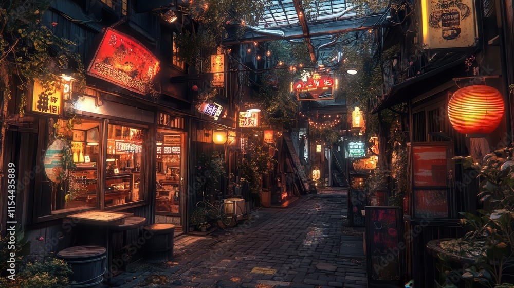 Obraz premium A neonlit Tokyo alley with modern architecture blending into historical wooden izakayas, surreal and eclectic