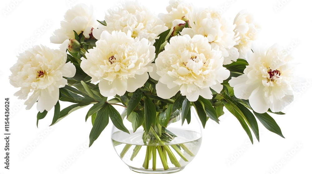 A bouquet of creamy white peonies arranged in a clear glass vase. The flowers are in full bloom, showcasing their delicate petals and vibrant centers against a pure white background. A bouquet of creamy white peonies arranged in a clear glass vase. The flowers are in full bloom, showcasing their delicate petals and vibrant centers against a pure white background.