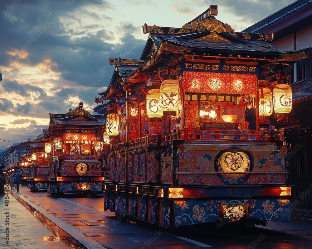 Fototapeta premium A parade float adorned with intricate designs during the Takayama Festival, glowing softly under a twilight sky, rich and detailed