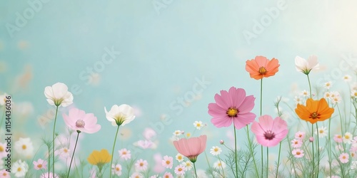 A field of flowers with a blue sky in the background. The flowers are of various colors, including pink, white, and orange. Concept of peace and tranquility