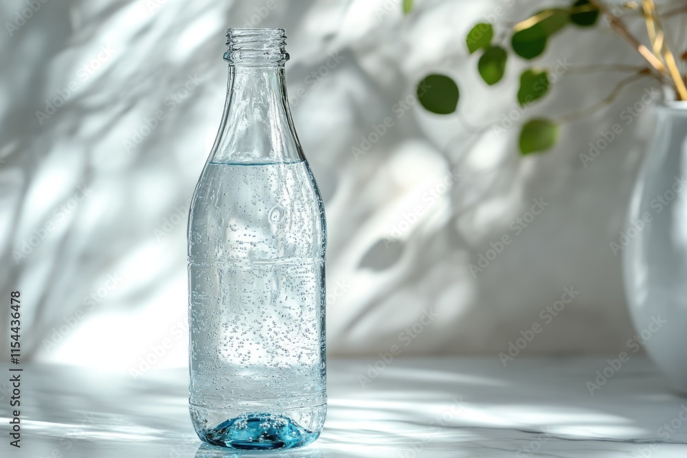 A glass bottle filled with sparkling water sits on a marble surface, bathed in sunlight. A glass bottle filled with sparkling water sits on a marble surface, bathed in sunlight.