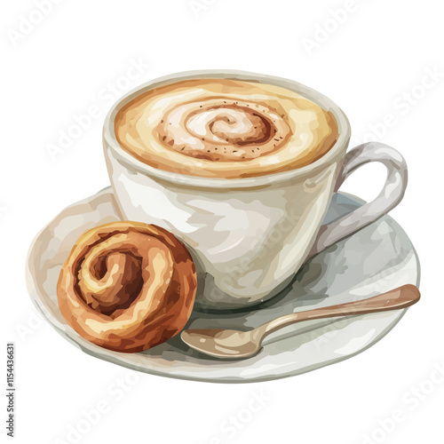 A watercolor vector of a cup of hot chocolate with marshmallows, isolated on a white background. Hot chocolate vector.
