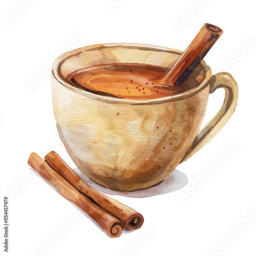 A watercolor vector of a cup of hot cider with cinnamon sticks, isolated on a white background. Hot cider vector.
