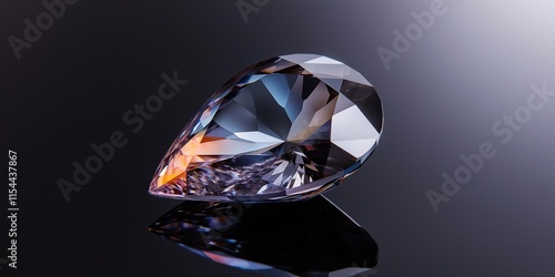 A large, clear, blue diamond is sitting on a black surface. The diamond is cut in a way that it looks like a triangle photo