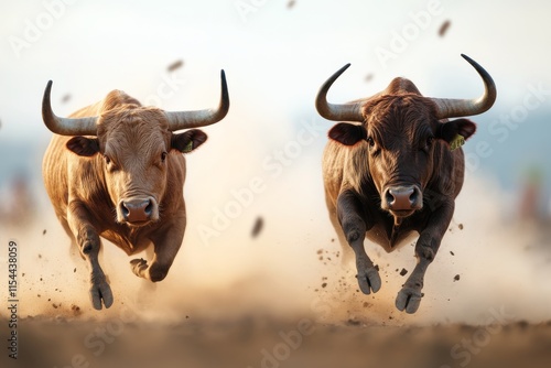 Two spirited bulls charging forward in a dusty arena during a vibrant festival event photo