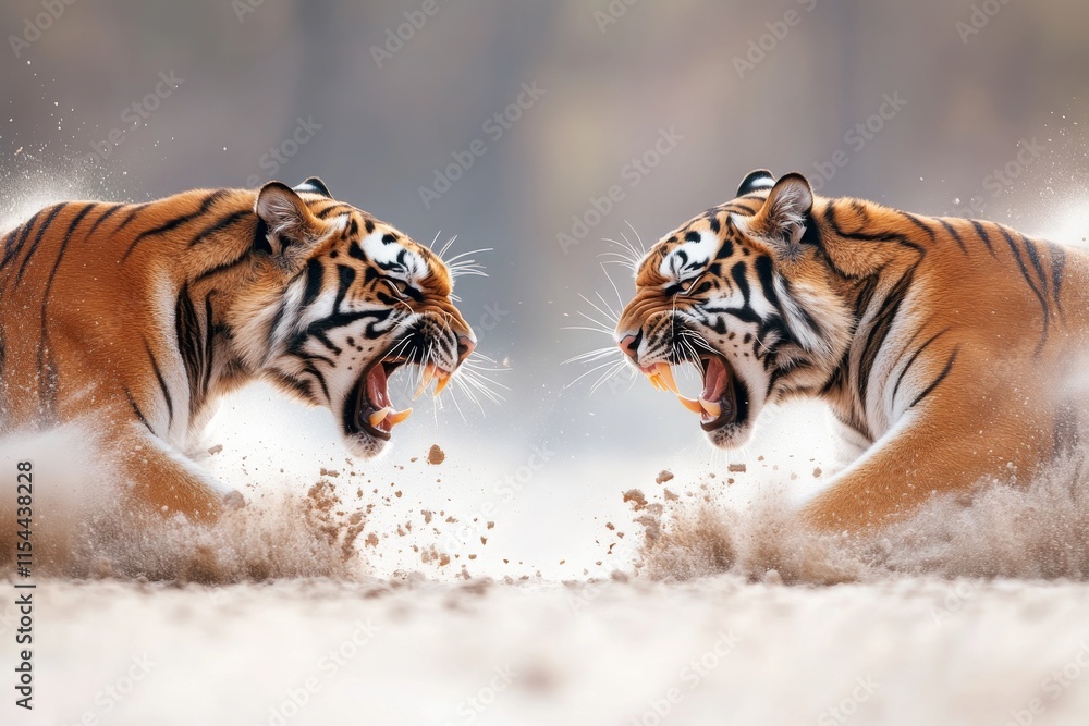 Obraz premium Two fierce tigers engage in an intense battle in a sandy landscape at dawn